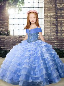 Sleeveless Beading and Ruffled Layers Lace Up Little Girl Pageant Gowns with Blue Brush Train