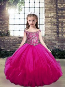 Dazzling Beading Little Girls Pageant Dress Fuchsia Lace Up Sleeveless Floor Length