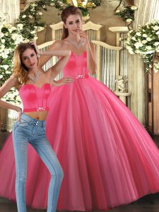 Sleeveless Tulle Floor Length Lace Up 15th Birthday Dress in Coral Red with Beading