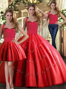 Floor Length Red 15 Quinceanera Dress Tulle Sleeveless Appliques