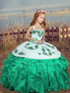 Charming Embroidery and Ruffles Little Girl Pageant Gowns Turquoise Lace Up Sleeveless Floor Length