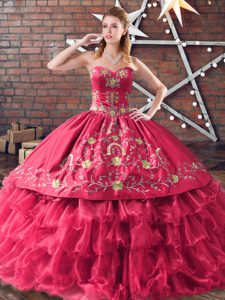 Red Satin and Organza Lace Up Ball Gown Prom Dress Sleeveless Floor Length Embroidery and Ruffled Layers