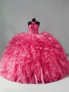 Fitting Hot Pink Ball Gowns Beading and Ruffles 15th Birthday Dress Zipper Organza Sleeveless