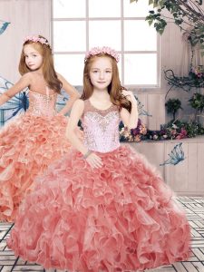 Organza Sleeveless Floor Length Girls Pageant Dresses and Beading and Ruffles