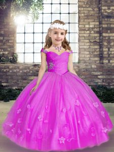 Trendy Ball Gowns Kids Formal Wear Fuchsia Straps Tulle Sleeveless Floor Length Lace Up