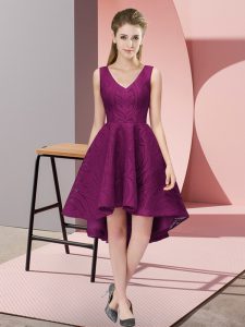 V-neck Sleeveless Dama Dress for Quinceanera High Low Lace Dark Purple Lace