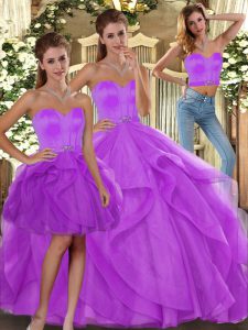 Sleeveless Tulle Floor Length Lace Up Vestidos de Quinceanera in Lilac with Beading and Ruffles