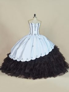 Noble White And Black Column/Sheath Embroidery and Ruffled Layers Sweet 16 Quinceanera Dress Lace Up Satin and Organza Sleeveless Floor Length