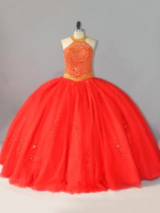 Pretty Halter Top Sleeveless Quinceanera Dresses Floor Length Beading Coral Red Tulle