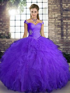 Purple Sleeveless Tulle Lace Up Quince Ball Gowns for Military Ball and Sweet 16 and Quinceanera