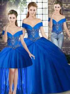 Customized Brush Train Three Pieces 15th Birthday Dress Royal Blue Off The Shoulder Tulle Sleeveless Lace Up