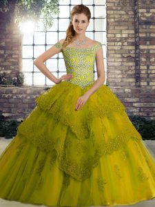 Enchanting Olive Green Tulle Lace Up Off The Shoulder Sleeveless 15 Quinceanera Dress Brush Train Beading and Lace