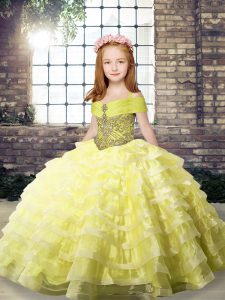 Excellent Ball Gowns Sleeveless Yellow Little Girls Pageant Dress Wholesale Brush Train Lace Up