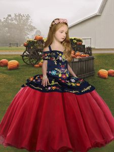 Beauteous Coral Red Ball Gowns Embroidery Little Girls Pageant Gowns Lace Up Organza Sleeveless Floor Length