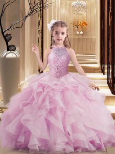 High Class High-neck Sleeveless Lace Up Kids Formal Wear Lilac Tulle