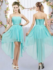 Deluxe Aqua Blue Chiffon Lace Up Court Dresses for Sweet 16 Sleeveless High Low Beading