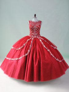 Red Scoop Neckline Beading and Appliques 15th Birthday Dress Sleeveless Zipper