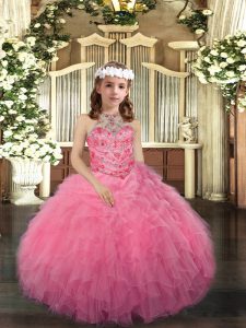 Most Popular Floor Length Pink Pageant Dress for Teens Scoop Sleeveless Lace Up