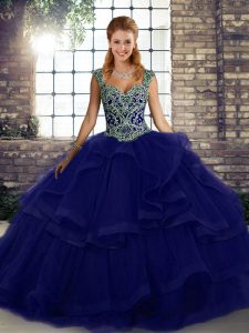 Purple Sleeveless Tulle Lace Up Quinceanera Gown for Military Ball and Sweet 16 and Quinceanera