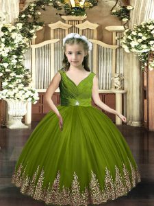 Dramatic Olive Green Sleeveless Embroidery Floor Length Little Girl Pageant Gowns