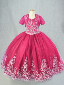 Graceful Floor Length Ball Gowns Sleeveless Hot Pink Little Girl Pageant Dress Lace Up