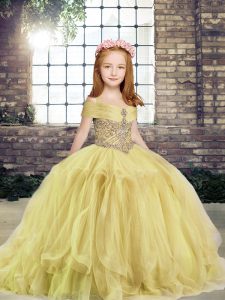 Off The Shoulder Sleeveless Lace Up Little Girls Pageant Dress Wholesale Yellow Tulle