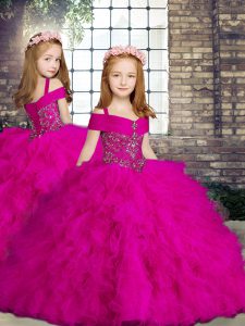 Lovely Straps Sleeveless Kids Formal Wear Floor Length Beading and Ruffles Fuchsia Tulle