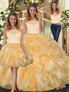 Pretty Gold Sleeveless Floor Length Lace and Ruffles Clasp Handle Quinceanera Dresses