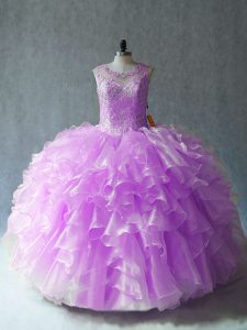 Scoop Sleeveless Quince Ball Gowns Floor Length Beading and Ruffles Lilac Organza