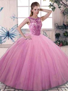 Fantastic Beading 15th Birthday Dress Rose Pink Lace Up Sleeveless Floor Length