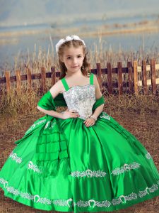 Sweet Floor Length Green Child Pageant Dress Satin Sleeveless Beading and Embroidery