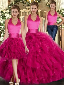 Fuchsia Three Pieces Ruffles 15th Birthday Dress Lace Up Tulle Sleeveless Floor Length