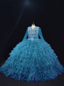 Teal Lace Up V-neck Beading and Ruffled Layers Ball Gown Prom Dress Organza Long Sleeves