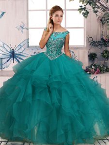 Fitting Turquoise Zipper Scoop Beading and Ruffles Sweet 16 Dresses Organza Sleeveless