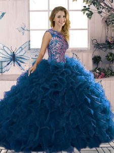 Stylish Floor Length Royal Blue Sweet 16 Dress Organza Sleeveless Beading and Ruffles