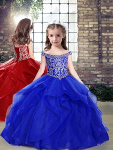 Floor Length Lace Up Girls Pageant Dresses Royal Blue for Party and Wedding Party with Beading