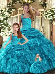 Traditional Floor Length Teal Quinceanera Dresses Organza Sleeveless Ruffles and Pick Ups