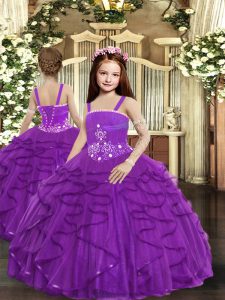 Ball Gowns Kids Formal Wear Purple Straps Tulle Sleeveless Floor Length Lace Up