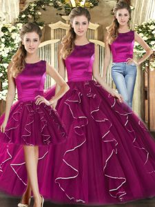 Ruffles 15th Birthday Dress Fuchsia Lace Up Sleeveless Floor Length