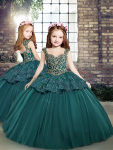 Floor Length Ball Gowns Sleeveless Teal Little Girls Pageant Gowns Side Zipper