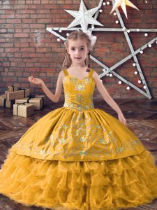 Excellent Gold Lace Up Little Girls Pageant Dress Embroidery and Ruffled Layers Sleeveless Floor Length