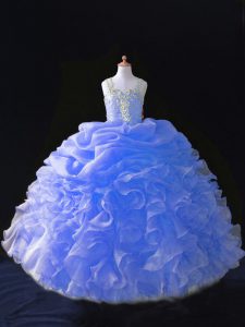 High Quality Blue Sleeveless Floor Length Beading and Ruffles and Pick Ups Zipper Pageant Gowns For Girls