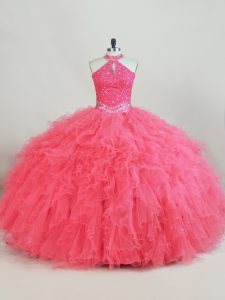 Admirable Pink Tulle Lace Up Quinceanera Dress Sleeveless Beading and Ruffles