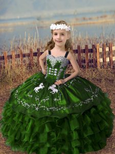 Olive Green Sleeveless Organza Lace Up Kids Pageant Dress for Wedding Party