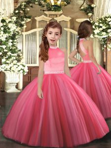 Adorable Coral Red Tulle Zipper High-neck Sleeveless Floor Length Kids Pageant Dress Beading