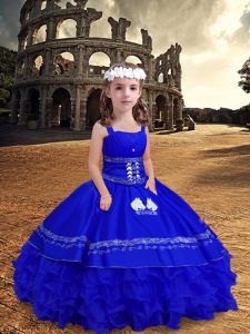 Perfect Royal Blue Sleeveless Embroidery and Ruffled Layers Floor Length Little Girls Pageant Dress