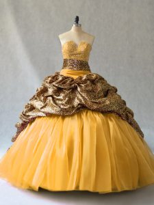 Clearance Gold Sleeveless Organza Brush Train Lace Up Ball Gown Prom Dress for Sweet 16 and Quinceanera