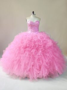 Baby Pink Sleeveless Tulle Lace Up Quince Ball Gowns for Sweet 16 and Quinceanera