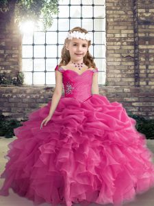 Low Price Hot Pink Ball Gowns Beading and Ruffles and Pick Ups Pageant Dress for Womens Lace Up Organza Sleeveless Floor Length