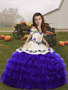 Most Popular Straps Sleeveless Pageant Dress Wholesale Floor Length Embroidery and Ruffled Layers Purple Organza
